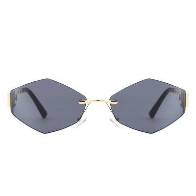 Luxury Geometric Rimless Sunglasses – Unisex Fashion Eyewear with Gold Temples & Dark Lenses acchi writing mein title likh do