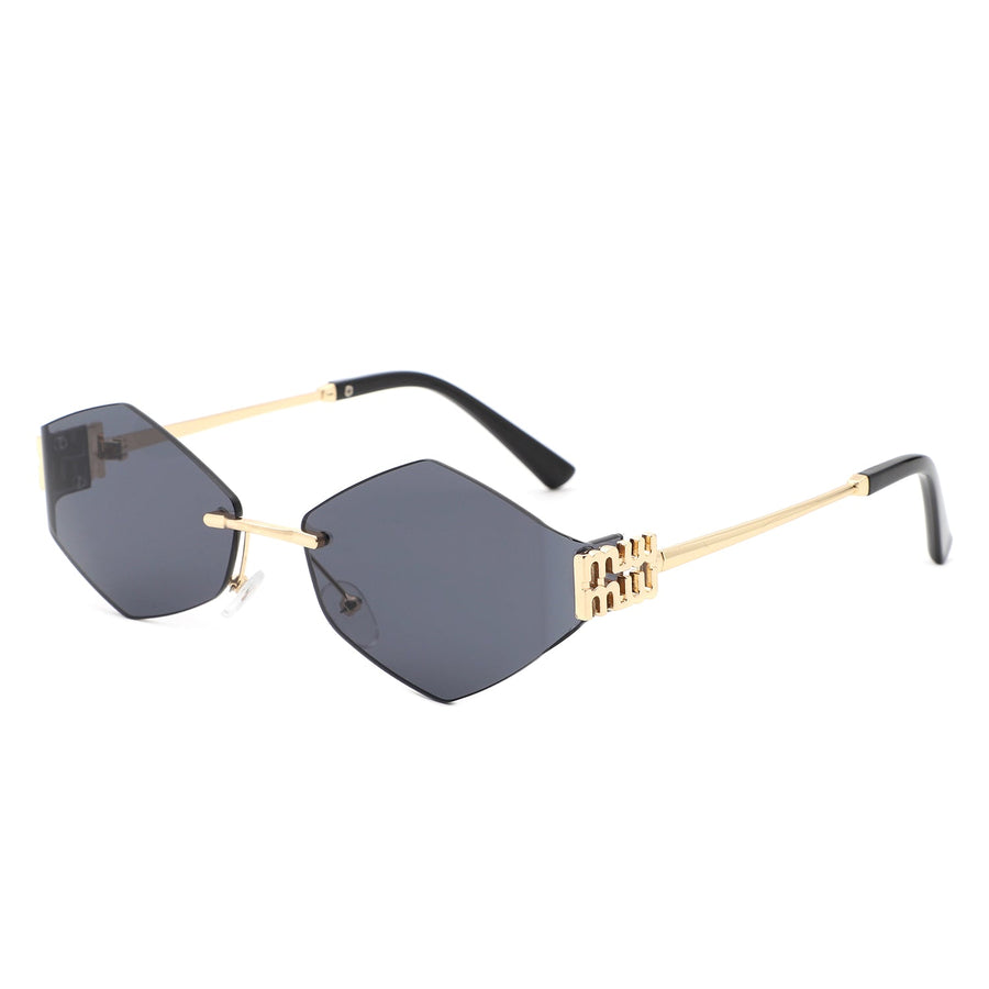 Luxury Geometric Rimless Sunglasses – Unisex Fashion Eyewear with Gold Temples & Dark Lenses acchi writing mein title likh do