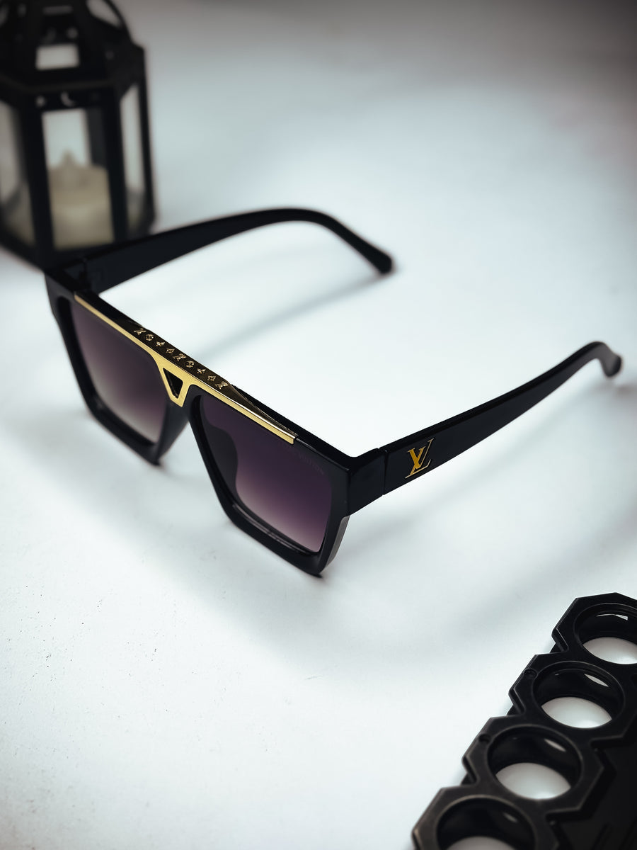 "Luxury LV Gold Accent Square Sunglasses – Bold Black Frame | Unisex For Male And Female Eyewear"
